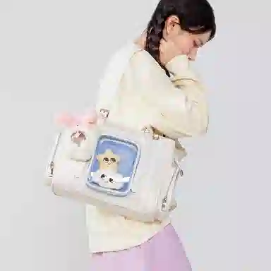音魅 学院风 织物 斜挎单肩包 女款 牛仔蓝/米白色