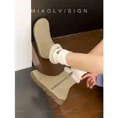 妙侣 牛反绒 保暖耐磨防滑 时尚百搭 短筒 雪地靴 女款 奶杏色