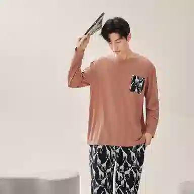 安之伴 春秋睡衣长颈鹿印花宽松休闲圆领长袖长裤家居套装 男款