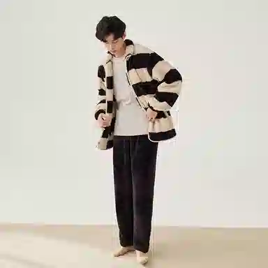 安之伴 锁温保暖加绒加厚秋冬睡衣条纹立领开衫家居套装 男款 巧克力色