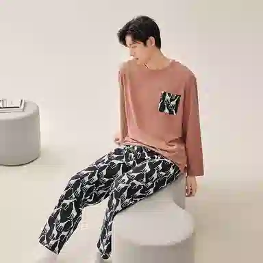 安之伴 春秋睡衣长颈鹿印花宽松休闲圆领长袖长裤家居套装 男款