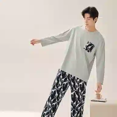 安之伴 春秋睡衣长颈鹿印花宽松休闲圆领长袖长裤家居套装 男款