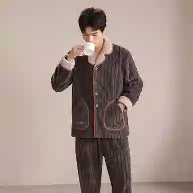 安之伴 秋冬睡衣珊瑚绒保暖锁温柔软素色大气家居套装 男款 深灰