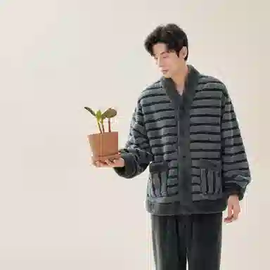 安之伴 冬季睡衣保暖双面绒锁温暖感条纹开衫家居套装 男款