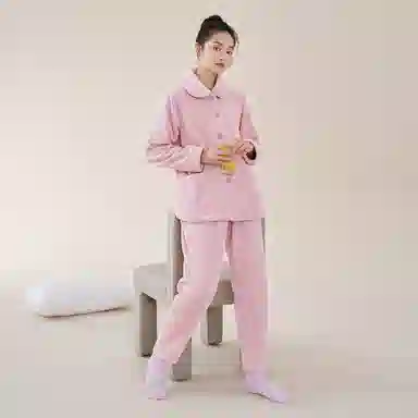 安之伴 秋冬睡衣法兰绒加绒加厚保暖开衫长袖长裤可外穿家居套装 女款 豆沙