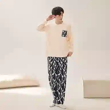 安之伴 春秋睡衣长颈鹿印花宽松休闲圆领长袖长裤家居套装 男款