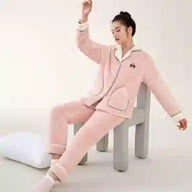 安之伴 秋冬睡衣雪花绒保暖加绒加厚开衫翻领家居套装 女款 浅粉