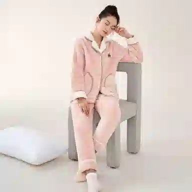 安之伴 秋冬睡衣雪花绒保暖加绒加厚开衫翻领家居套装 女款 浅粉