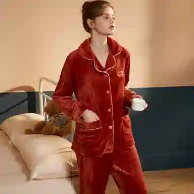 安之伴 秋冬睡衣珊瑚绒纯色保暖锁温简约大气家居套装 女款 桔红