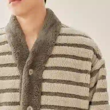 安之伴 冬季睡衣保暖双面绒锁温暖感条纹开衫家居套装 男款