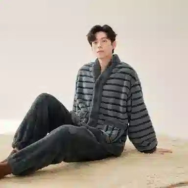 安之伴 冬季睡衣保暖双面绒锁温暖感条纹开衫家居套装 男款