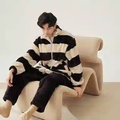 安之伴 锁温保暖加绒加厚秋冬睡衣条纹立领开衫家居套装 男款 巧克力色