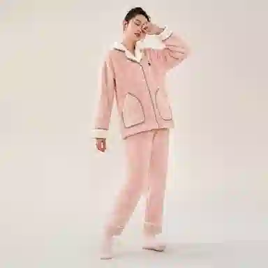 安之伴 秋冬睡衣雪花绒保暖加绒加厚开衫翻领家居套装 女款 浅粉