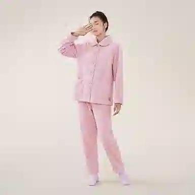 安之伴 秋冬睡衣法兰绒加绒加厚保暖开衫长袖长裤可外穿家居套装 女款 豆沙