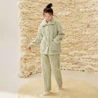 安之伴 锁温保暖宽松休闲秋冬睡衣灯笼纹加绒加厚家居套装 女款