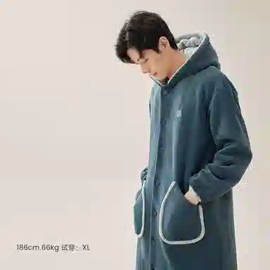 安之伴 秋冬睡衣复合绒暖感澳毛绒双层保暖连帽家居睡袍 男款 藏青色