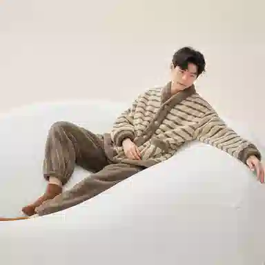 安之伴 冬季睡衣保暖双面绒锁温暖感条纹开衫家居套装 男款