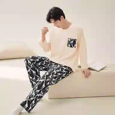 安之伴 春秋睡衣长颈鹿印花宽松休闲圆领长袖长裤家居套装 男款