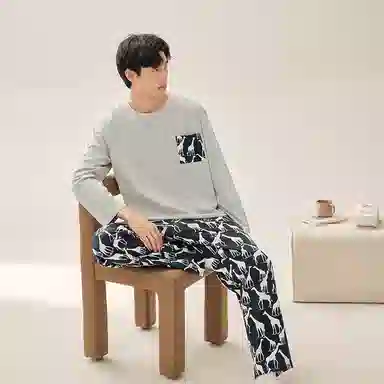 安之伴 春秋睡衣长颈鹿印花宽松休闲圆领长袖长裤家居套装 男款