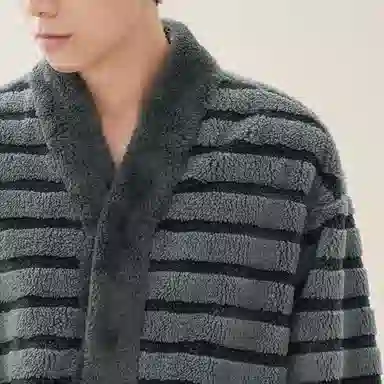 安之伴 冬季睡衣保暖双面绒锁温暖感条纹开衫家居套装 男款