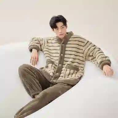 安之伴 冬季睡衣保暖双面绒锁温暖感条纹开衫家居套装 男款