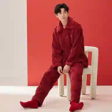 安之伴 锁温保暖宽松休闲秋冬睡衣灯笼纹加绒加厚家居套装 男款