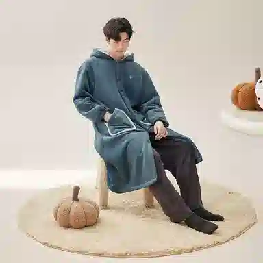 安之伴 秋冬睡衣复合绒暖感澳毛绒双层保暖连帽家居睡袍 男款 藏青色