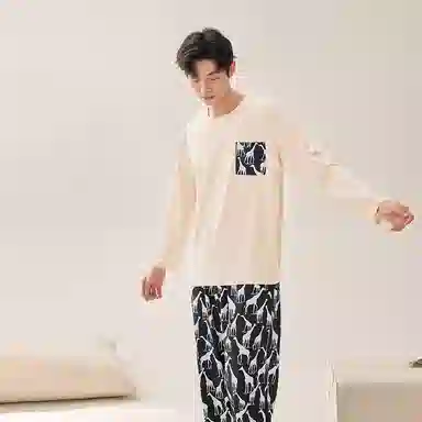 安之伴 春秋睡衣长颈鹿印花宽松休闲圆领长袖长裤家居套装 男款