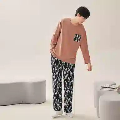 安之伴 春秋睡衣长颈鹿印花宽松休闲圆领长袖长裤家居套装 男款