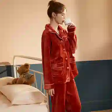 安之伴 秋冬睡衣珊瑚绒纯色保暖锁温简约大气家居套装 女款 桔红