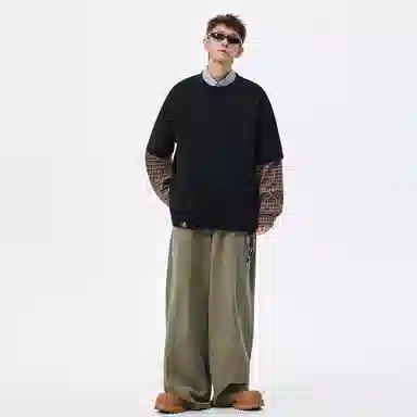 稻草人 美式复古大码假两件格纹撞色银丝斜纹满天星面料拼接设计高街圆领落肩套头秋季卫衣 男女同款