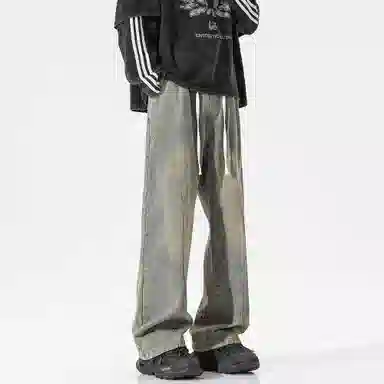 稻草人 美式高街废土风结构性拼接水洗做旧简约纯色垂感松紧抽绳直筒无性别主义宽松休闲百搭工装牛仔裤 男女同款