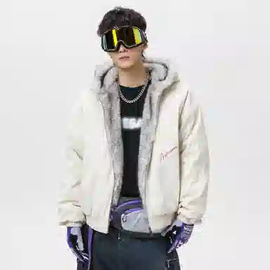 稻草人 美式高街品牌艺术英文字母印花座山雕毛领仿狐狸毛休闲宽松纯色加厚短款夹克高级感连帽保暖舒适百搭长袖飞行外套棉服 男女同款