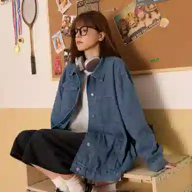 稻草人 美式嘻哈高街学院风复古重工做旧基础款拼接翻领单排纽扣宽松休闲百搭夹克牛仔外套 男女同款