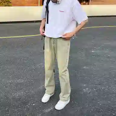 稻草人 美式高街花体字母百搭重磅纯棉宽松落肩短袖中腰水洗做旧垂感微喇叭牛仔裤休闲运动套装 男女同款