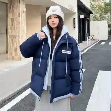 稻草人 美式高街拼接条纹撞色假两件学院风可拆卸品牌字母魔术贴宽松休闲厚款防风保暖棉袄户外运动百搭加厚防潮面包外套棉服 男女同款