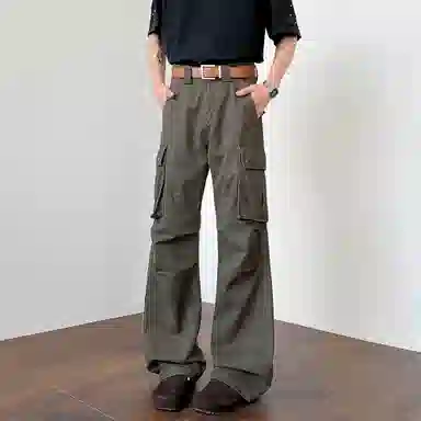 稻草人 美式高街简约复古潮流微喇宽松褶皱多口袋休闲时尚百搭牛仔裤 男女同款