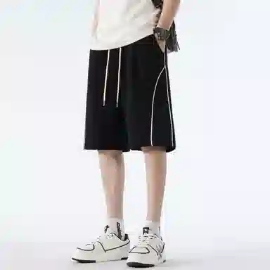 稻草人 经典条纹拼接设计美式高街纯色松紧系带宽松百搭户外直筒阔腿透气通勤五分休闲短裤 男女同款