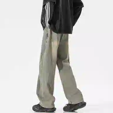 稻草人 美式高街废土风结构性拼接水洗做旧简约纯色垂感松紧抽绳直筒无性别主义宽松休闲百搭工装牛仔裤 男女同款