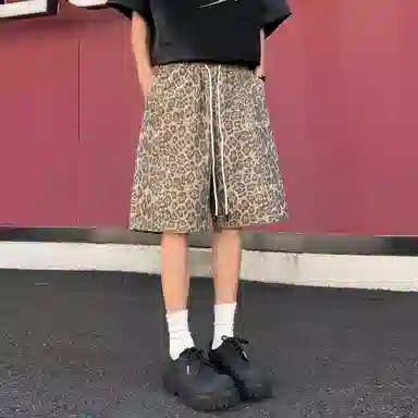 稻草人 美式潮流豹纹无性别主义户外居家通勤透气时尚跑步健身训练系带宽松直筒篮球五分裤运动休闲短裤 男女同款