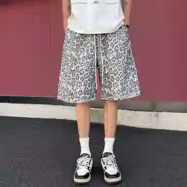 稻草人 美式潮流豹纹无性别主义户外居家通勤透气时尚跑步健身训练系带宽松直筒篮球五分裤运动休闲短裤 男女同款