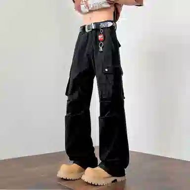 稻草人 美式高街简约复古潮流微喇宽松褶皱多口袋休闲时尚百搭牛仔裤 男女同款