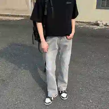 稻草人 美式高街花体字母百搭重磅纯棉宽松落肩短袖中腰水洗做旧垂感微喇叭牛仔裤休闲运动套装 男女同款