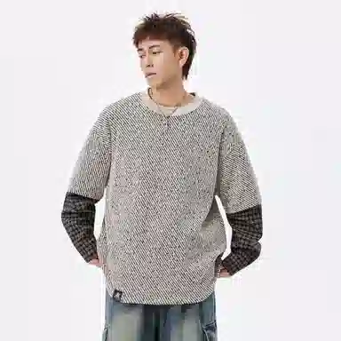 稻草人 美式复古大码假两件格纹撞色银丝斜纹满天星面料拼接设计高街圆领落肩套头秋季卫衣 男女同款