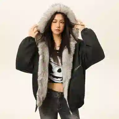 稻草人 美式高街品牌艺术英文字母印花座山雕毛领仿狐狸毛休闲宽松纯色加厚短款夹克高级感连帽保暖舒适百搭长袖飞行外套棉服 男女同款