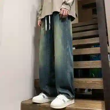 稻草人 美式高街复古渐变水洗做旧黄泥染简约基础款宽松休闲中腰系带松紧直筒阔腿百搭牛仔裤 男女同款