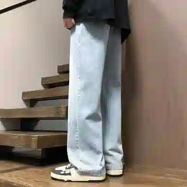 稻草人 美式高街复古渐变水洗做旧黄泥染简约基础款宽松休闲中腰系带松紧直筒阔腿百搭牛仔裤 男女同款