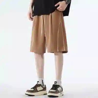 稻草人 经典条纹拼接设计美式高街纯色松紧系带宽松百搭户外直筒阔腿透气通勤五分休闲短裤 男女同款