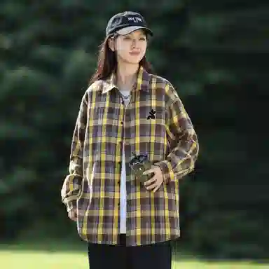 稻草人 美式复古嘻哈街头翻领落肩宽松休闲纽扣长袖多彩格纹衬衫 男女同款