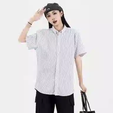 稻草人 复古竖条条纹撞色单排纽扣简约宽松休闲百搭抗皱短袖衬衫 男女同款